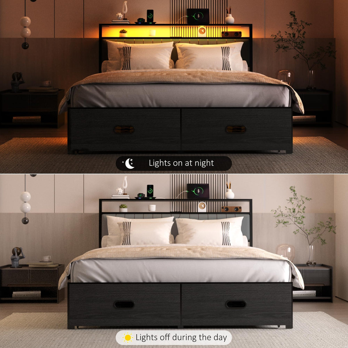 Full Bed Frame with 2 Drawers, LED Lights and Charging Station P436