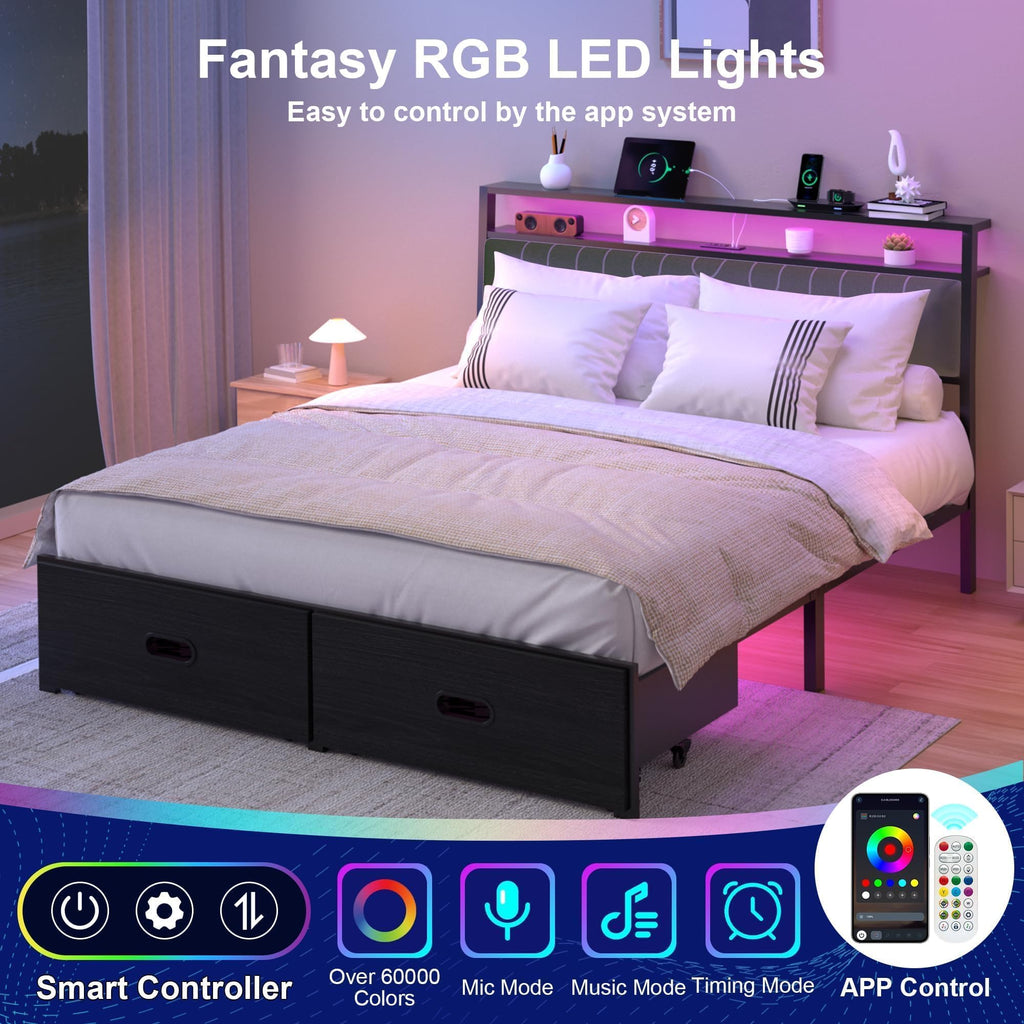 Full Bed Frame with 2 Drawers, LED Lights and Charging Station P436