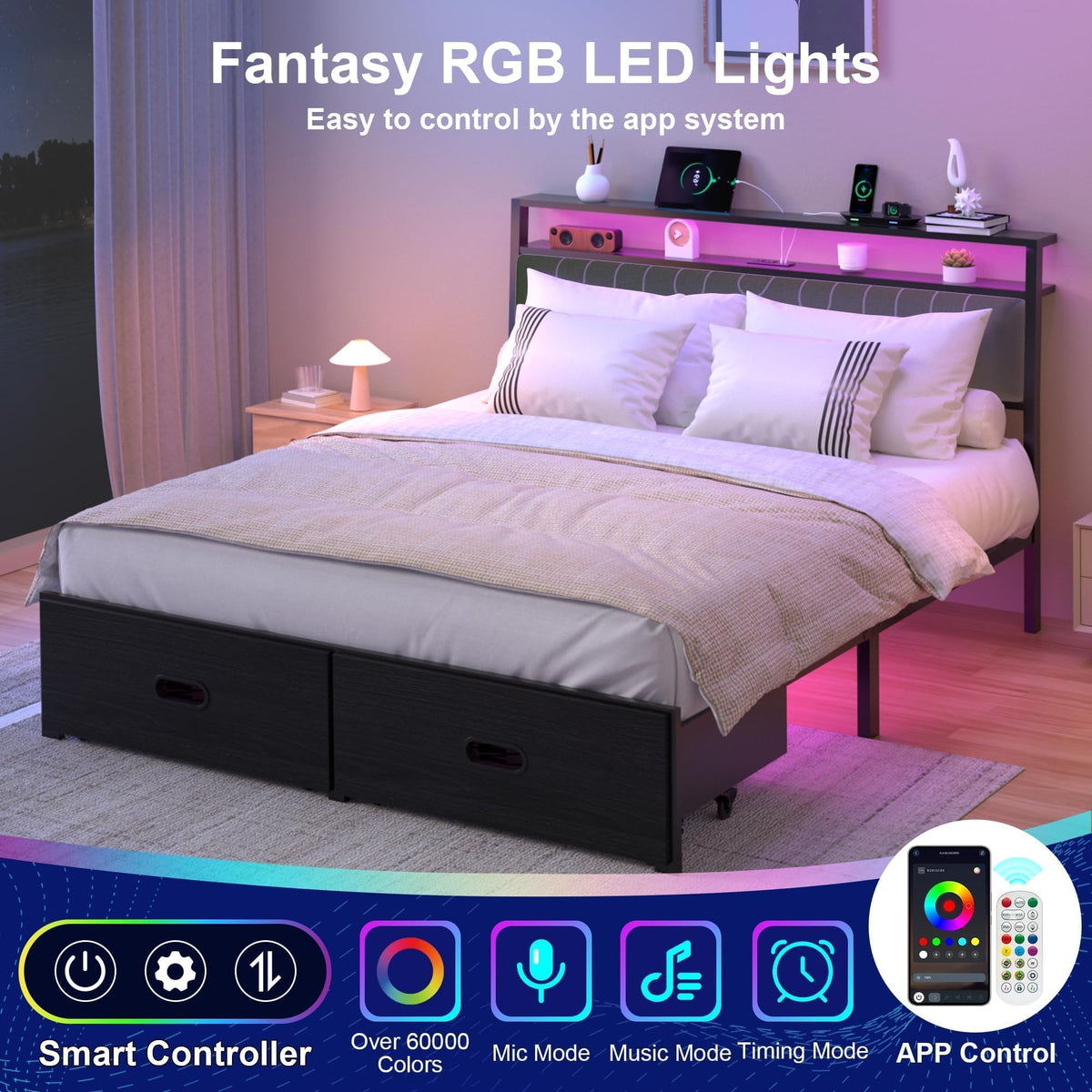 Full Bed Frame with 2 Drawers, LED Lights and Charging Station P436
