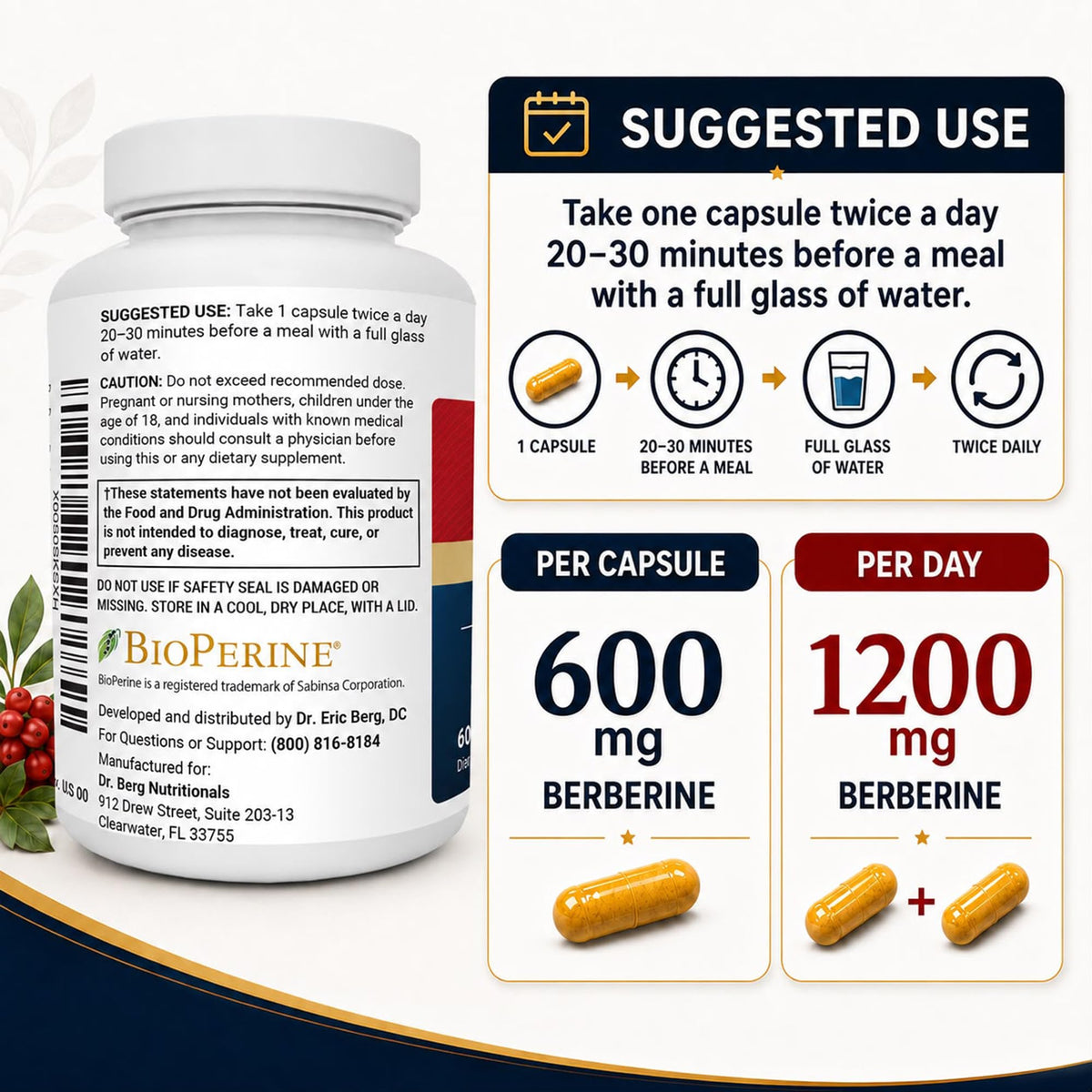 1200 mg Berberine with Ceylon Cinnamon, ALA, Magnesium Glycinate & BioPerine, 60 Capsules E792550