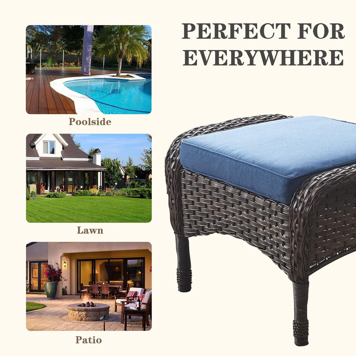 25 Inch PE Wicker Foot Stool Set of 2 with Removable Cushions Brown Y528
