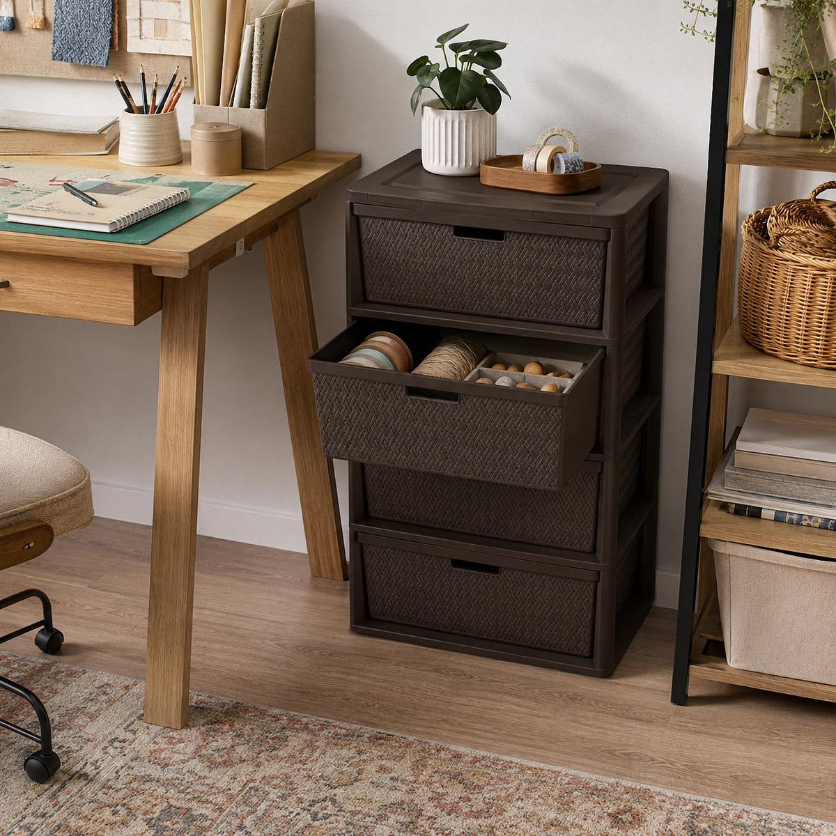 Brown 4-Drawer Plastic Storage Tower Y90498