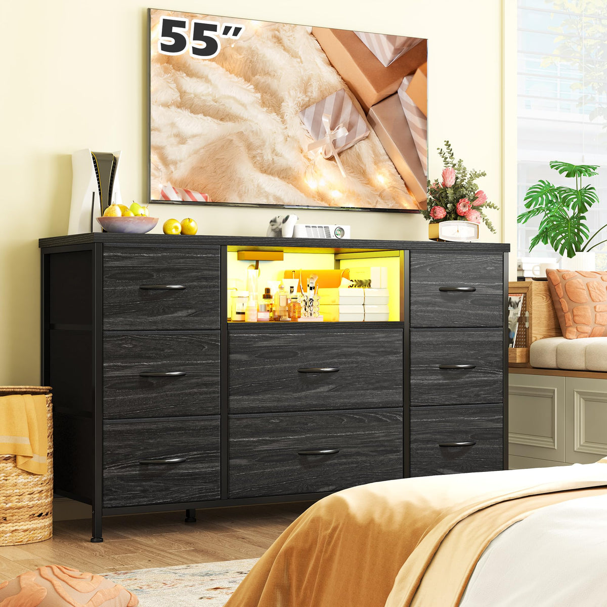 Black Dresser with LED Lights & Charging Station P34220