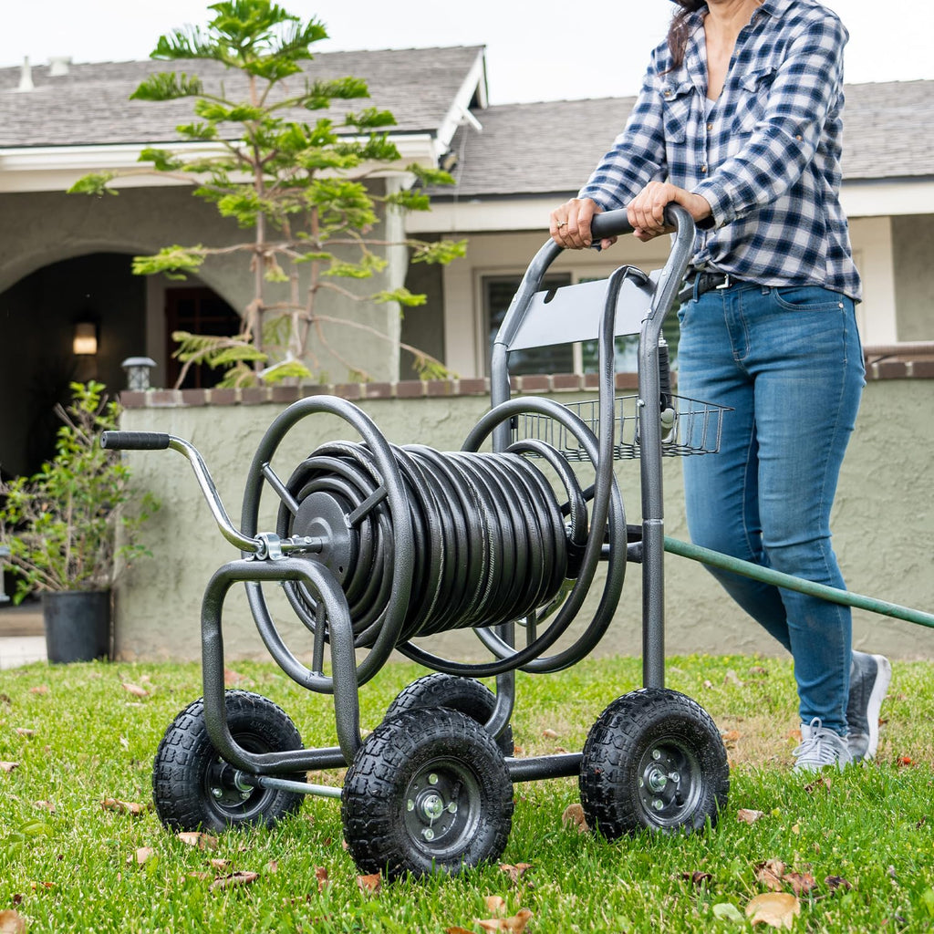 Hose Reel Cart with Wheels, 300-Feet Capacity, Grey C15527