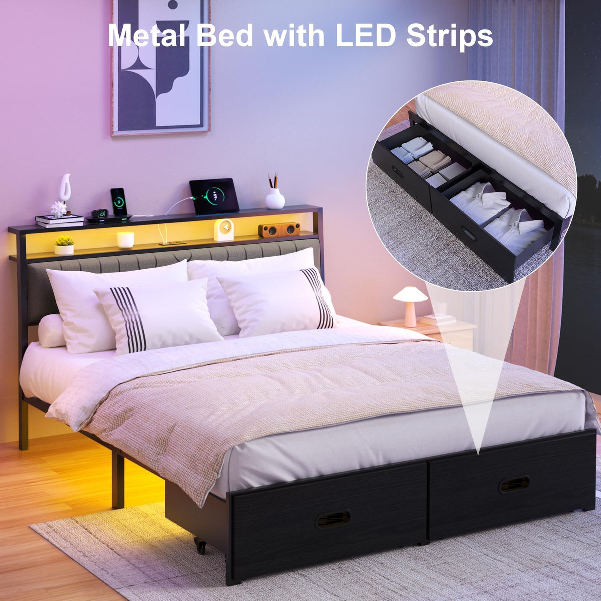 Full Bed Frame with 2 Drawers, LED Lights and Charging Station P436