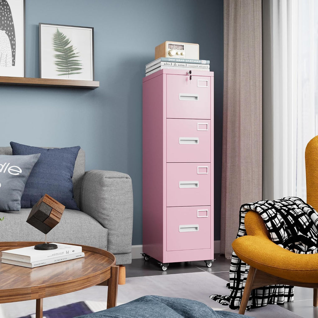 Pink 4-Drawer Metal File Cabinet with Lock and Wheels I720