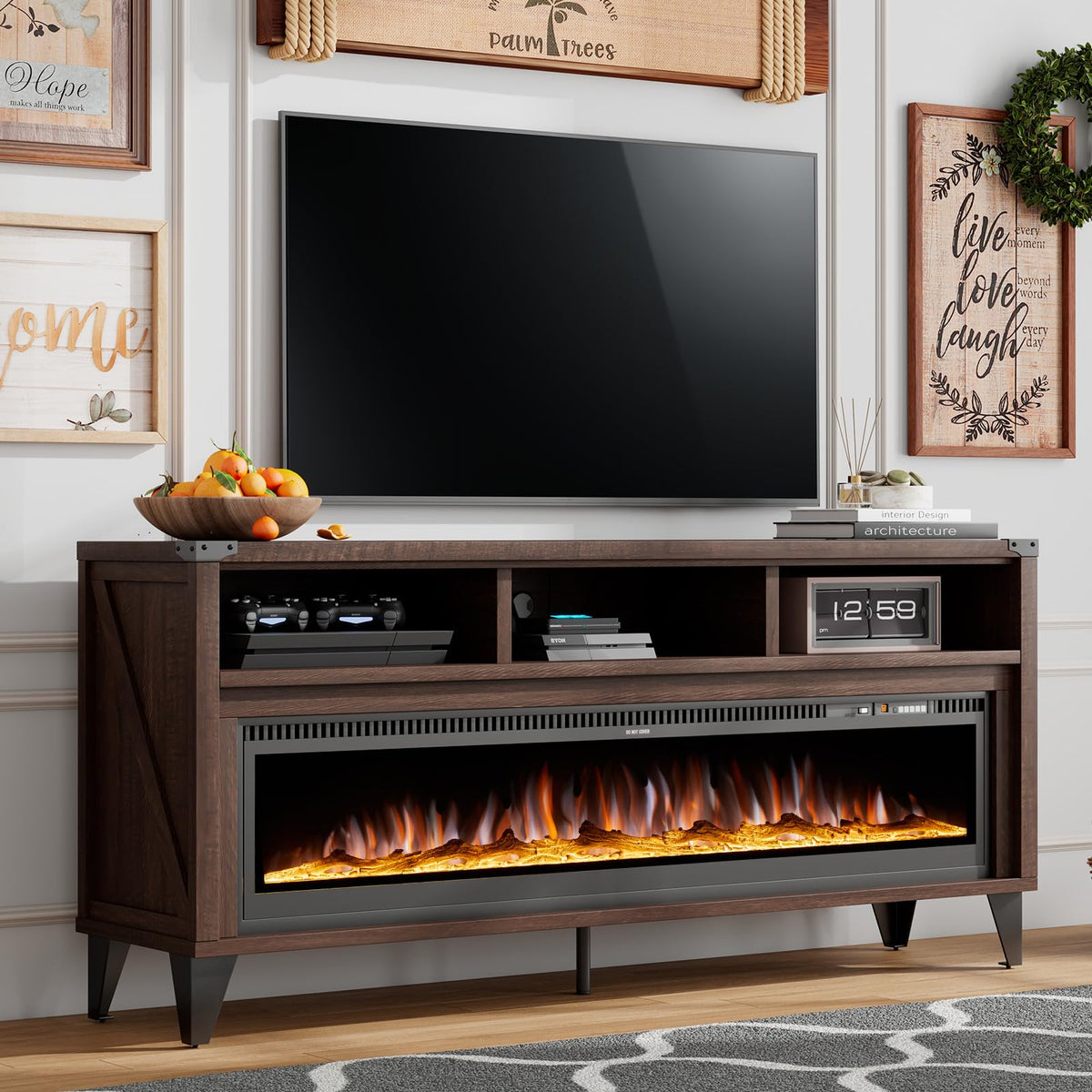 65" Fireplace TV Stand with 60" Glass Electric Fireplace V331