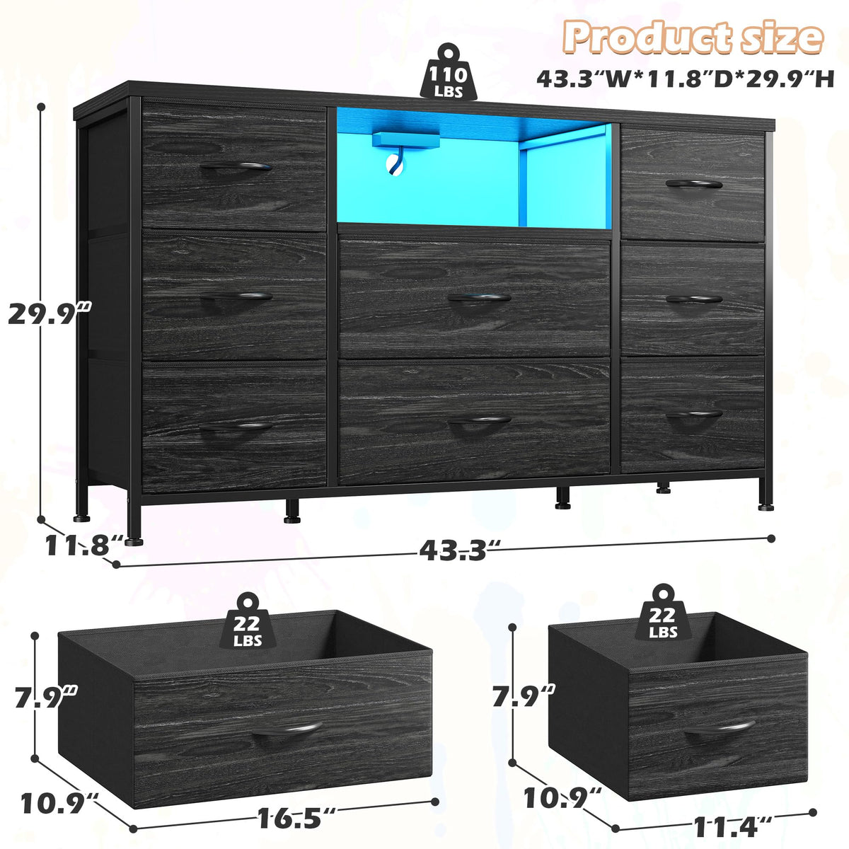 Black Dresser with LED Lights & Charging Station P34220