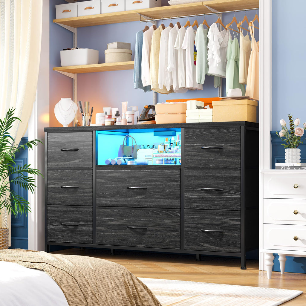Black Dresser with LED Lights & Charging Station P34220