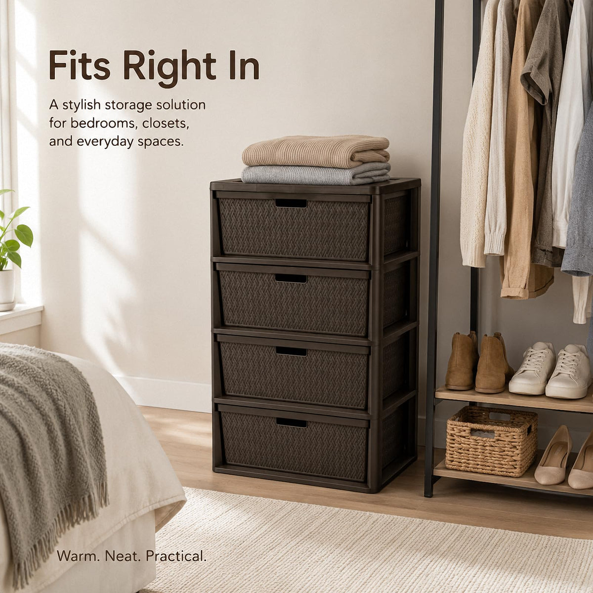 Brown 4-Drawer Plastic Storage Tower Y90498