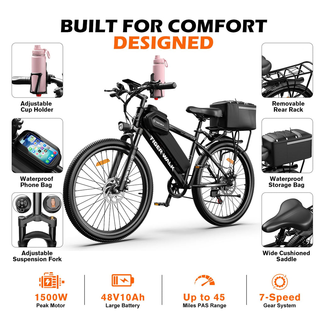 26" All-Terrain Electric Bike, 48V 10Ah Removable Battery, 7-Speed D4989