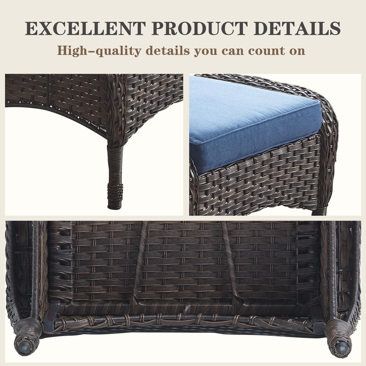 25 Inch PE Wicker Foot Stool Set of 2 with Removable Cushions Brown Y528
