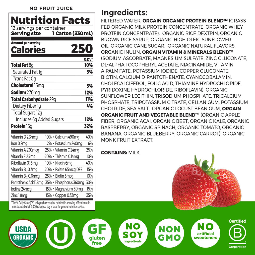 Organic Grass Fed Protein Shake, Strawberry, 11oz, 12pk L662