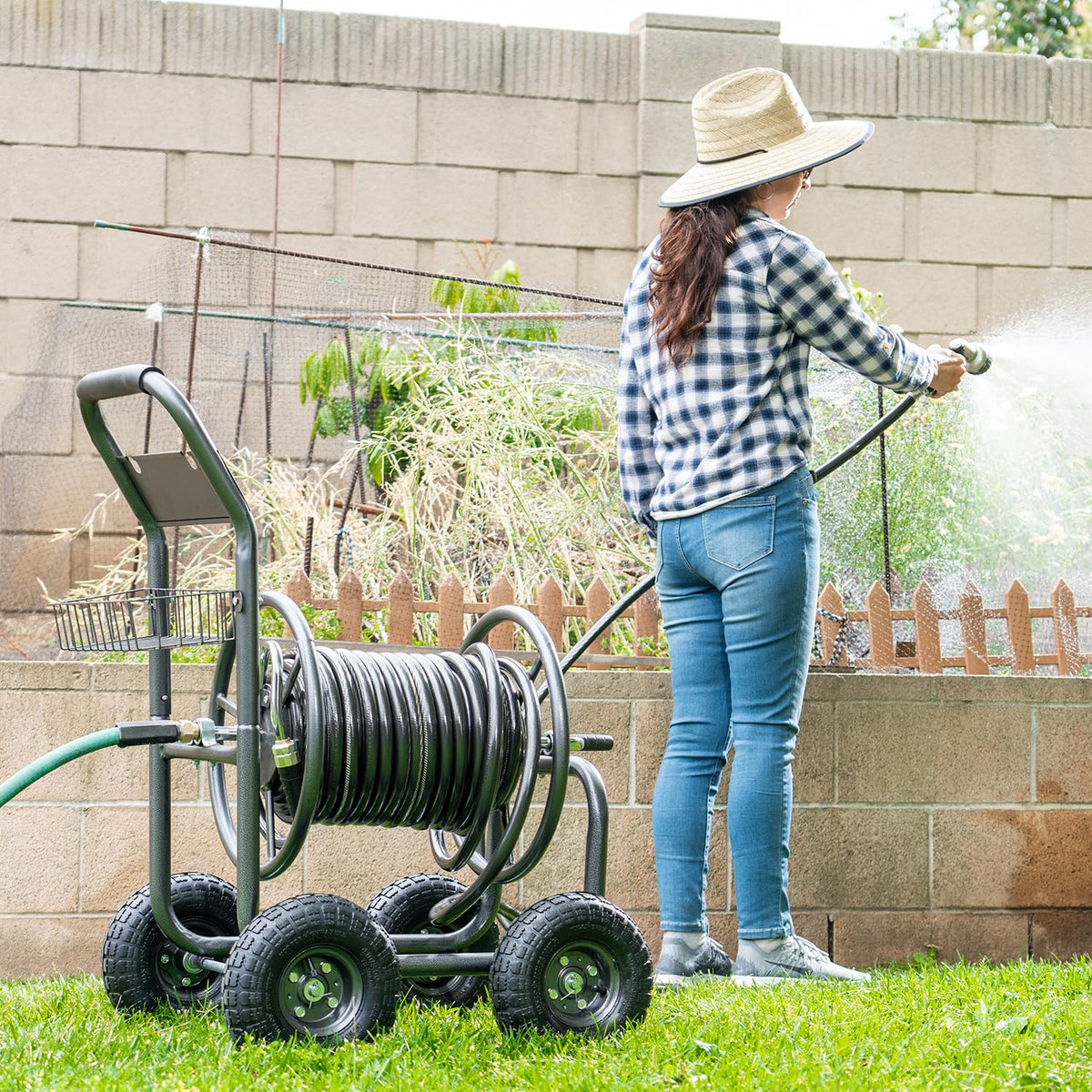 Hose Reel Cart with Wheels, 300-Feet Capacity, Grey C15527