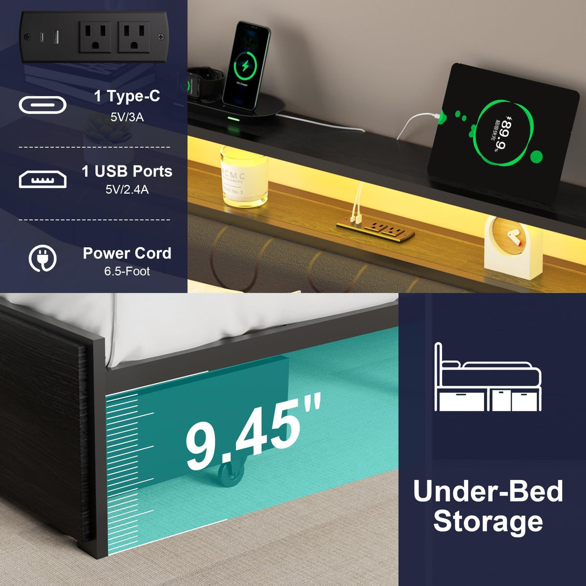 Full Bed Frame with 2 Drawers, LED Lights and Charging Station P436