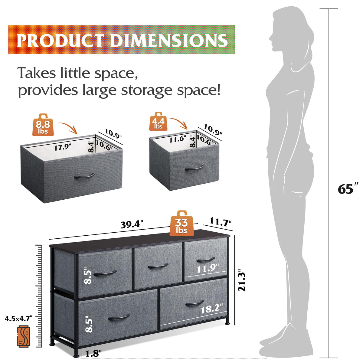 Wide 5 Drawer Dresser Dark Grey G397