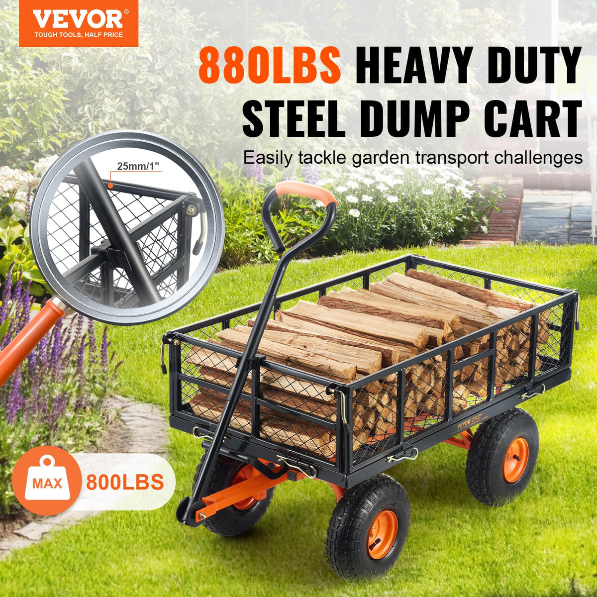 880lbs Steel Garden Dump Cart Utility Wagon with Removable Sides G4897