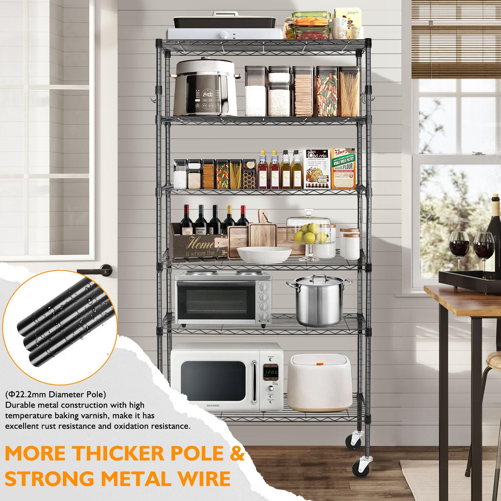 6 Tier Heavy Duty Adjustable Metal Wire Shelving Rack with Wheels, Black H764