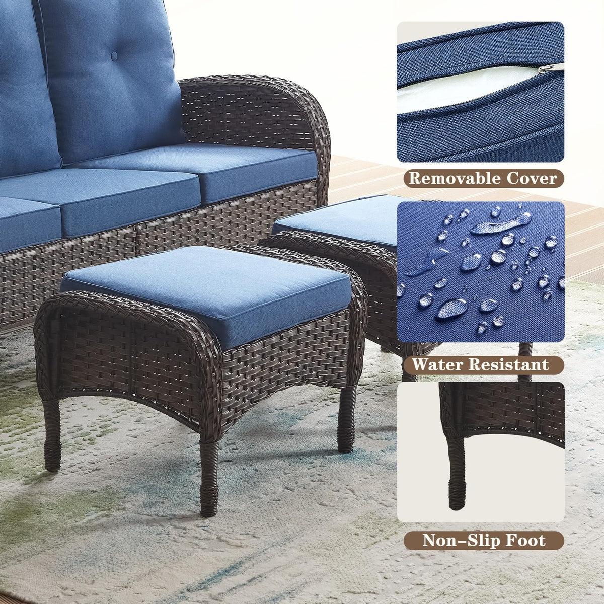25 Inch PE Wicker Foot Stool Set of 2 with Removable Cushions Brown Y528