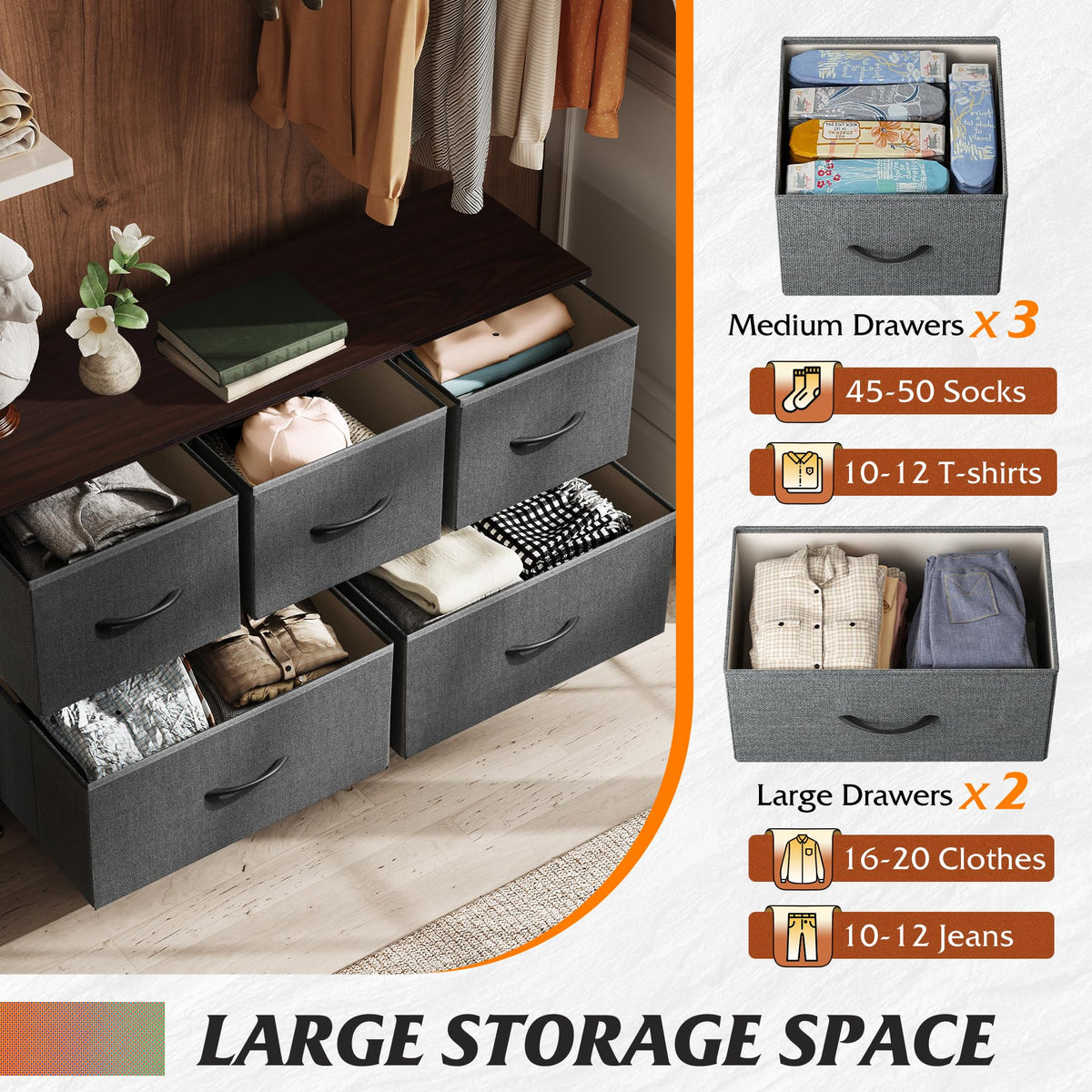 Wide 5 Drawer Dresser Dark Grey G397