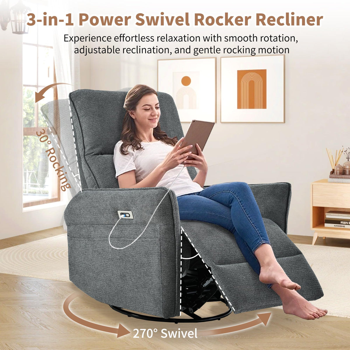 Power Swivel Rocker Recliner Chair Dark Gray A485