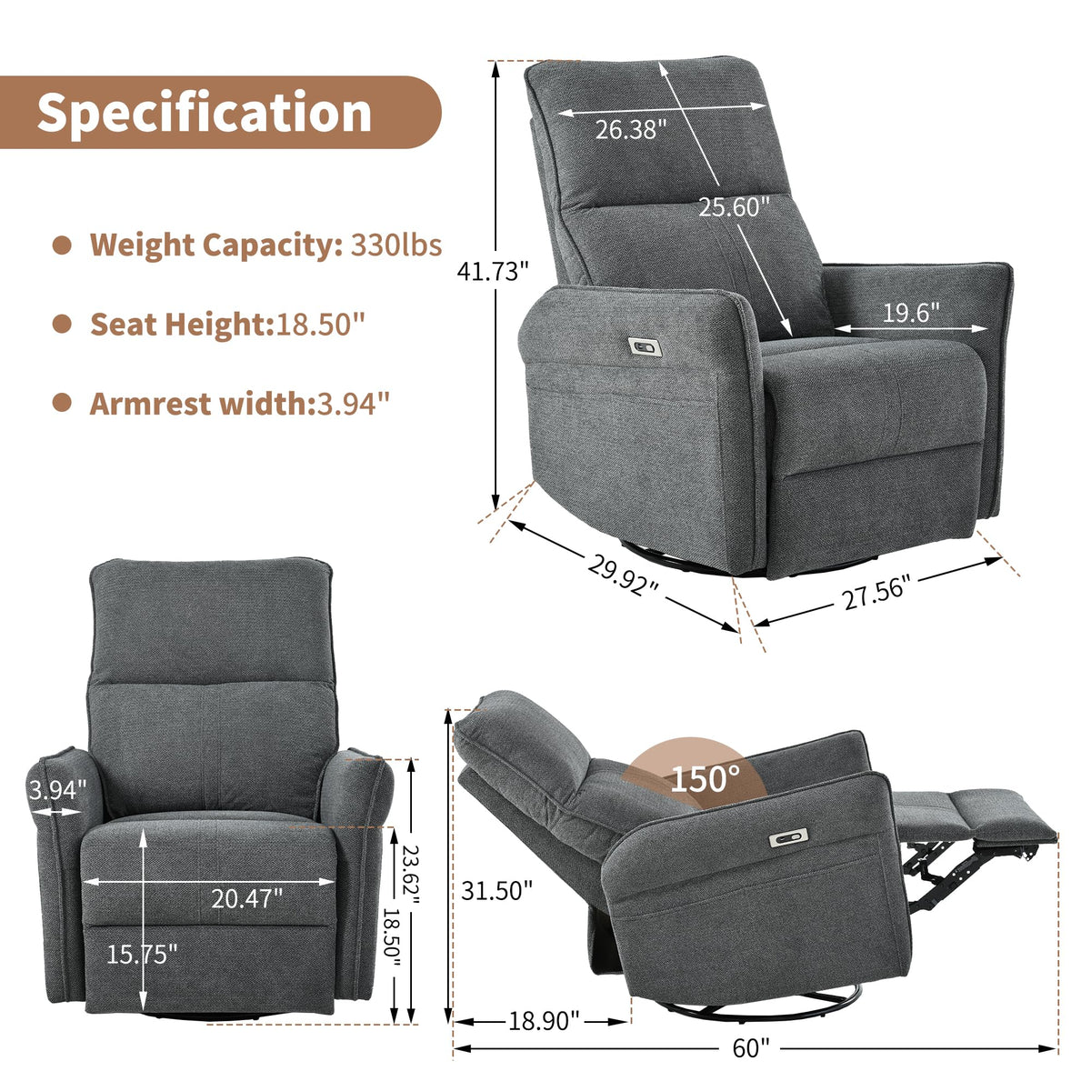 Power Swivel Rocker Recliner Chair Dark Gray A485