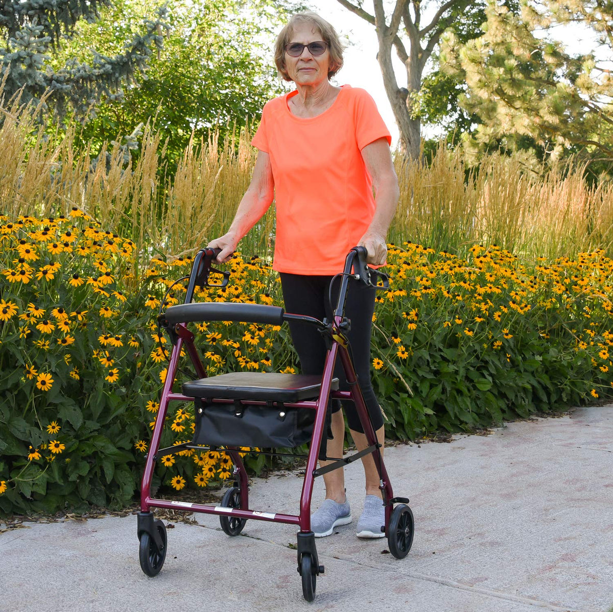 Aluminum Rollator Walker with Seat, 6-inch Wheels, Foldable, Burgundy Y759370