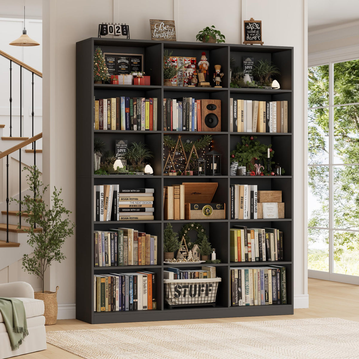 59" W Triple Wide Black Bookshelf and Bookcase J2955