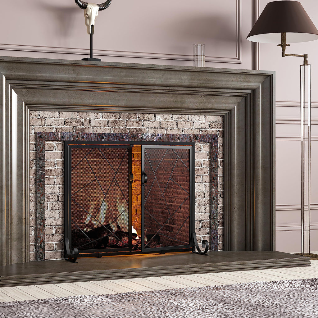 Hinged Fireplace Screen Iron Frame Fire Guard X765